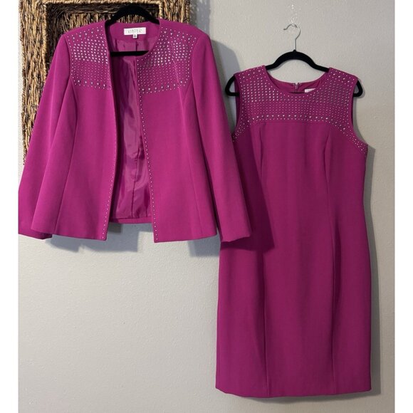 Kasper Dress & Jacket Blazer Suit Berry Pink 12 Silver Studded Neckline Stretch - Picture 3 of 15